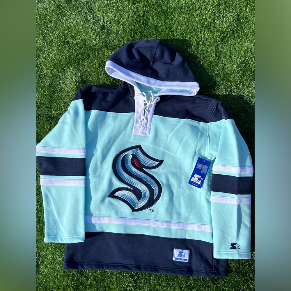 M-XXL Starter X GIII Seattle Kraken NHL Lace Up Relaxed Fit Hoodie Deep Sea